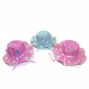 Children's Straw Set of 11 Sun Hats With Ribbon & Bow Design - 7 Blue & 5 Pink -